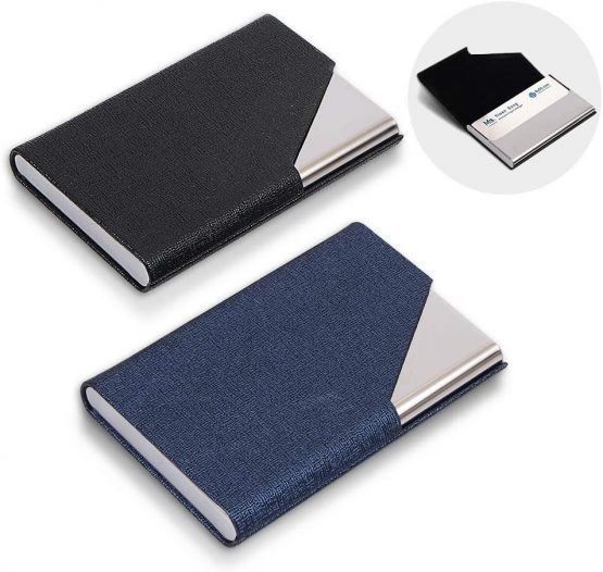 homEdge Business Card Holder, Slim Professional 2 Packs PU Leather+Stainless Steel Business Card Case for Traveling and Business-Black and Blue
