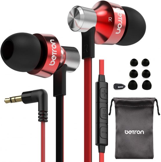 Betron DC950Hi Earphones, In Ear Headphones Earphones with Microphone and Volume Control, Enhanced Bass, Carry Case, Red