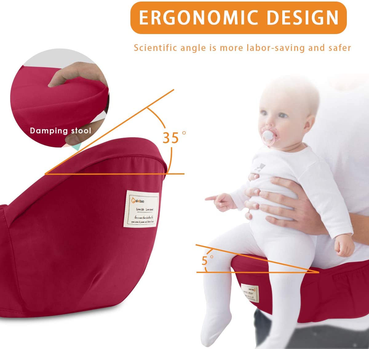 SONARIN 3 in 1 Multifunction Hipseat Baby Carrier,Front and Back,100% Cotton,Ergonomic,Easy Mom,Adapted to Your Child's Growing(Red) - Image 3
