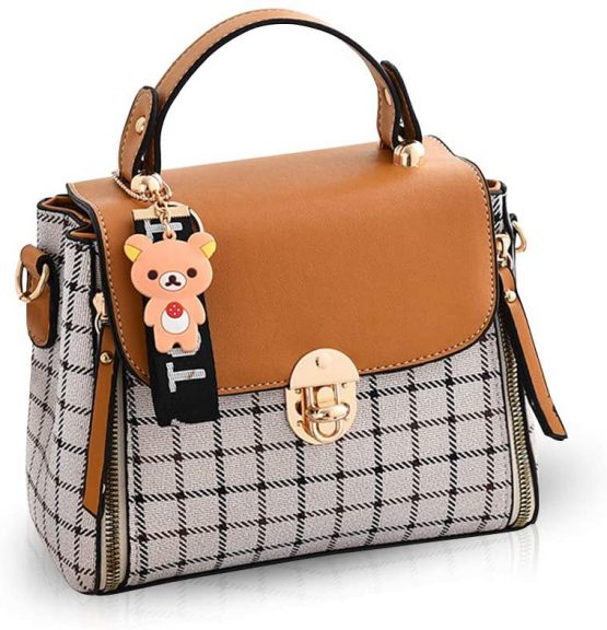 NICOLE&DORIS Women Handbags Cute Crossbody Bag for Girls Lattice Shoulder Bags PU Leather Messenger Bag Top-Handle Bag with Flap Brown