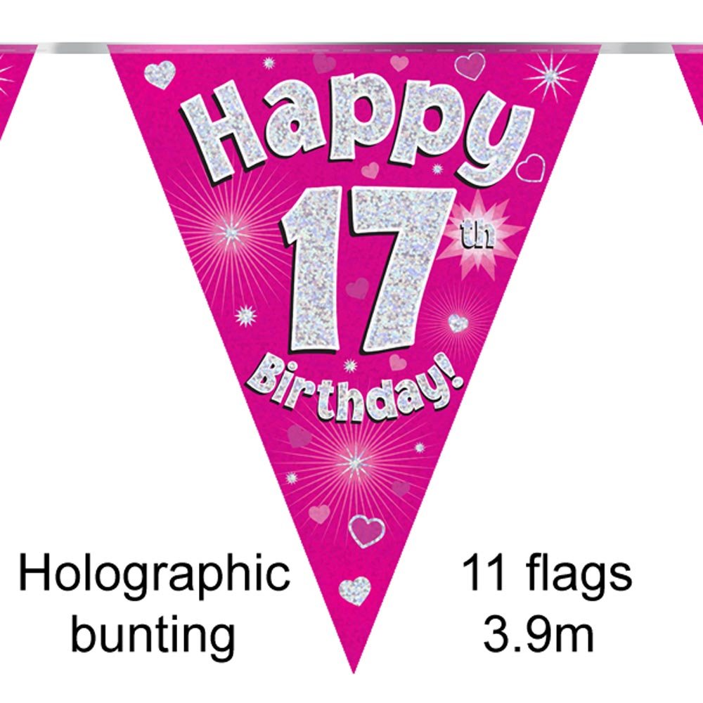 Party Bunting Happy 17th Birthday Pink Holographic 11 flags 3.9m, 1-Pack