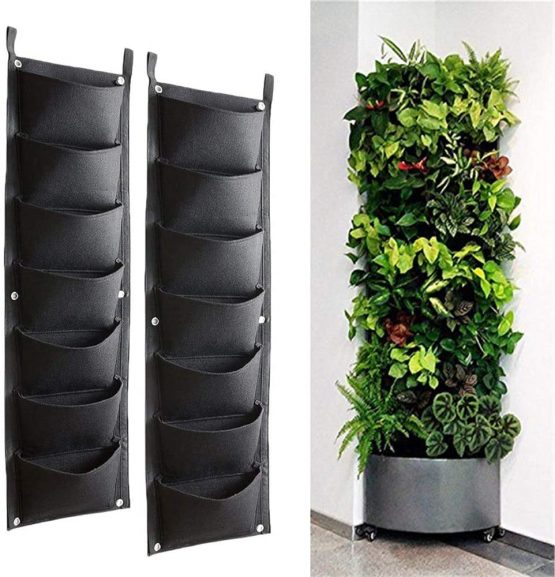 Bebester Wall Planting Bags, 2pcs 7 Pocket Wall Hanging Planter Planting Grow Bags Outdoor Indoor Gardening Vertical Greening Flower Container Black Plant Pouch