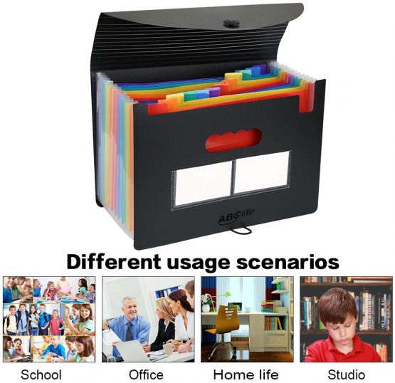 Expanding File Folder - ABC life 12 Pockets Portable Rainbow A4 File Organiser Self Standing Accordion Document Filing Box High Capacity Storage Bag for Home & Office & School (12 Pocket with Cover) - Image 4