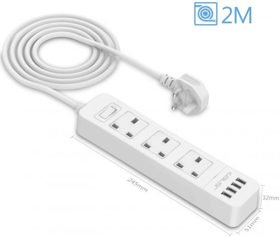 JSVER Extension Lead USB, Power Socket with 3 Outlet 4 USB Charging Station Power Strip Surge Protection with 2m Power Lead-White - Image 3