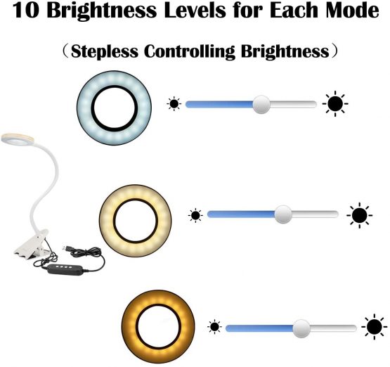 CeSunlight Clip Light, 8W Clamp Bed Lamp, Bedside Led Reading Lamp for Headboard, Warm, Daylight and White Light 3 Colors, Eye Care 10 Dimmable Illumination Modes (White) - Image 3