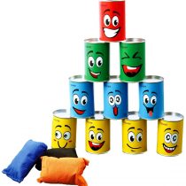 Ulifeme Tin Can Alley Game, Outdoor Garden Target Shooting Fairground Games for Kids & Children, Garden Party Toys Gift for Boys & Girls - 10pcs Fun Smile Knock Down Tin Cans and 3pcs Beanbags Packed