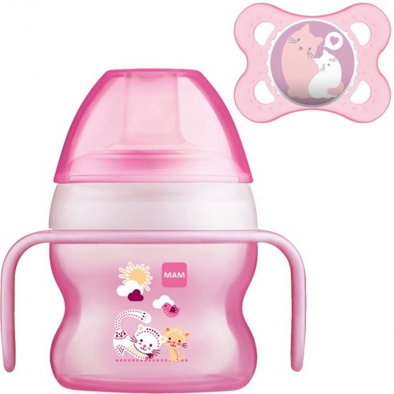 MAM Starter Cup and MAM Handles with 0+ Months Start Soother, Baby Cup for 4+ months, Baby Feeding, 1x 150 ml, Pink (Designs May Vary)
