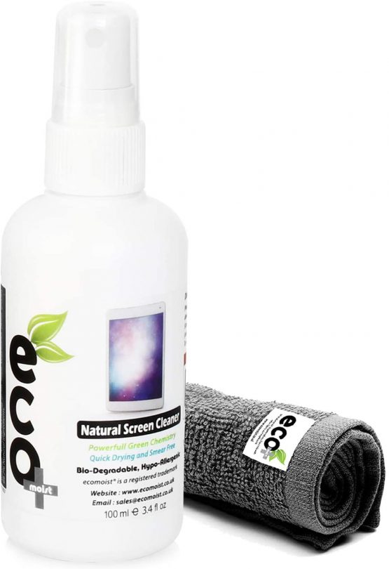 Ecomoist Natural Screen Cleaner 100ml with Fine Microfiber Towel For LCD TFT Plasma Computer Laptop Mobile Touch Screen Tablet Eco Friendly Green Product Kills 99.99% Germs Made in UK