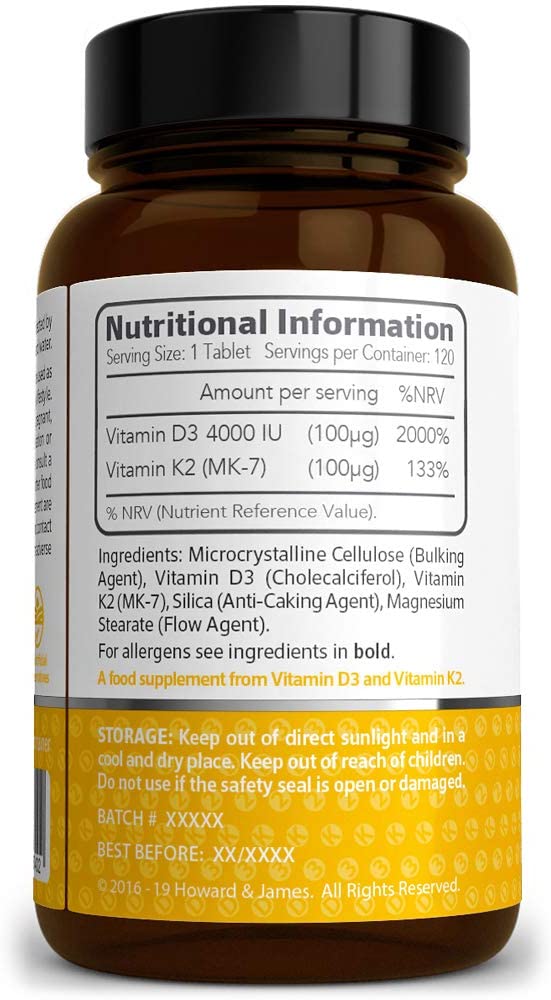 HOWARD & JAMES Vitamin D3 4000iu Plus Vitamin K2 100ug 120 High Strength Vegetarian Tablets, 120 count (Pack of 1) - Image 4