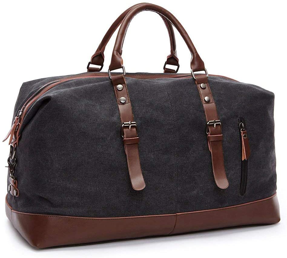 TILEMALL Oversized Canvas Holdall Travel Carry On Duffel Bags Plus Handbag Shoulder Bag Crossbody Overnight Weekend Bag Unisex Travel Holdall Handbag with PU Leather Handle (Black)