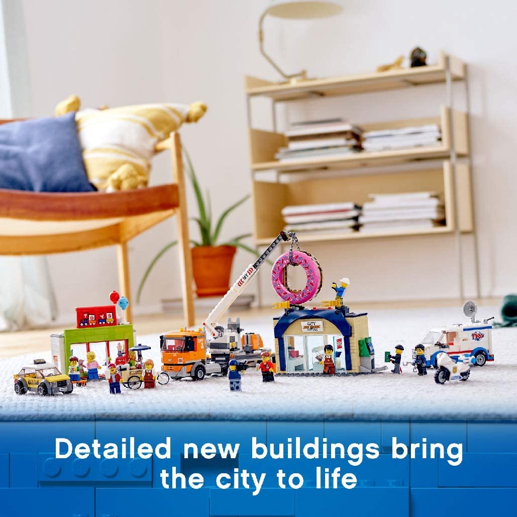 LEGO 60233 City Town Donut Shop Opening Toy Cars Set including Police Motorbike, Truck with Crane Trailer and 10 Minifigures - Image 4