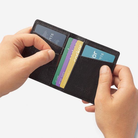 Corkor RFID Wallet Slim Men Women Minimalist Vegan Non Leather Vegetarian Cork, Black, Small - Image 2