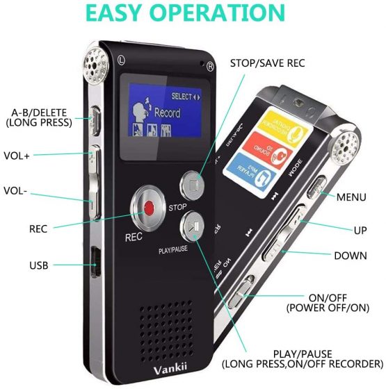 Vankii Digital Voice Activated Recorder, 8GB HD Sound Audio Recorder for Lectures/Meetings/Interviews/Class, USB, MP3,Rechargeable,Double Microphone,Portable Mini Dictaphone (Black) - Image 3