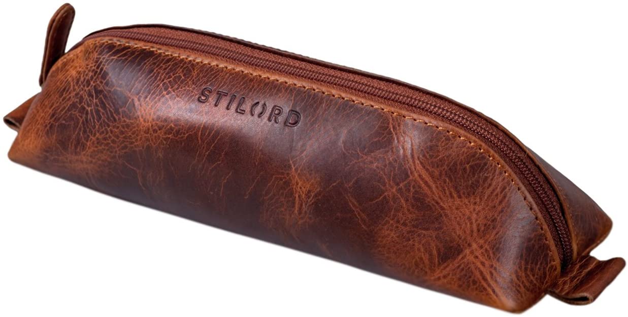 STILORD "Willem" Pencil Case Leather Pencil Pouch for Men Women Vintage Stationery Bag with Zipper Colour:Kara - Cognac - Image 2