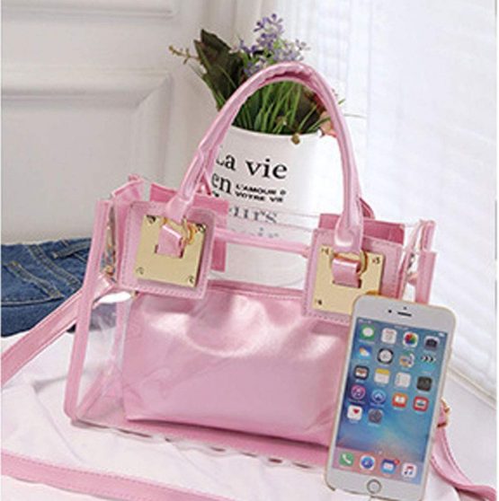 Rullar Women 2 Pcs Small Clear Tote Beach Shoulder Top-Handle Bag PVC Transparent Satchel Handbag Purse Pink - Image 4