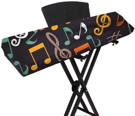 Electronic Piano Keyboard Cover, Stretchy Spandex Dust-proof Cover with Adjustable Elastic Cord Locking for Electronic Keyboard, Music Symbol Print On Black, Suit for 61/88 Keys