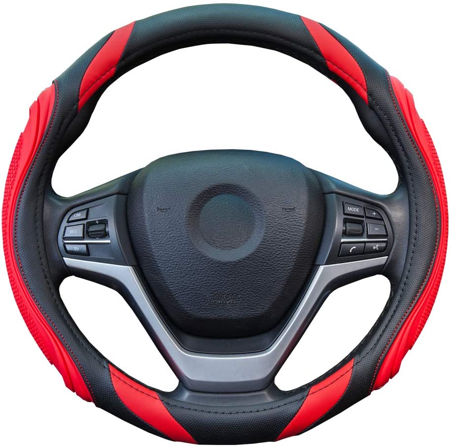 Car Steering Wheel Cover - Sportage Leather Steering Wheel Cover Universal Size M 37-38cm /14.5-15inch, Anti-slip, Breathable, Red - Image 2
