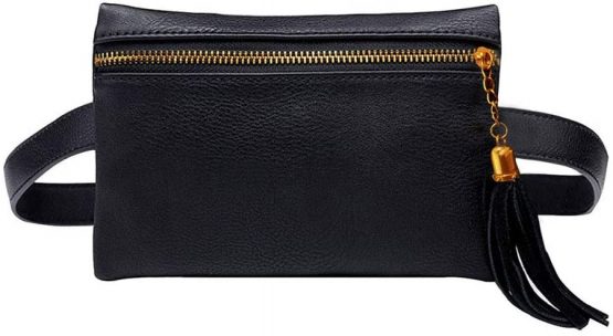Meliya Fashion Women Waist Bag Mini PU Leather Travel Bumbag Retro Fanny Pack Cell Phone Pouch Tassels (Black)