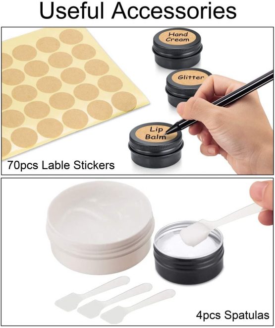 20pcs Empty Cosmetics Container Pots Aluminium Tin Jars with Screw Lids, Labels and Mini Spatula for Cream, Sample, Powder, Makeup Storage (20ml, Black) - Image 4