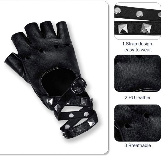 LYTIVAGEN Punk Gloves in PU Fingerless Leather Gloves with Rivets Half Finger PU Leather for Halloween Costumes, Hip Hop, Performances, Parties (Black) - Image 3