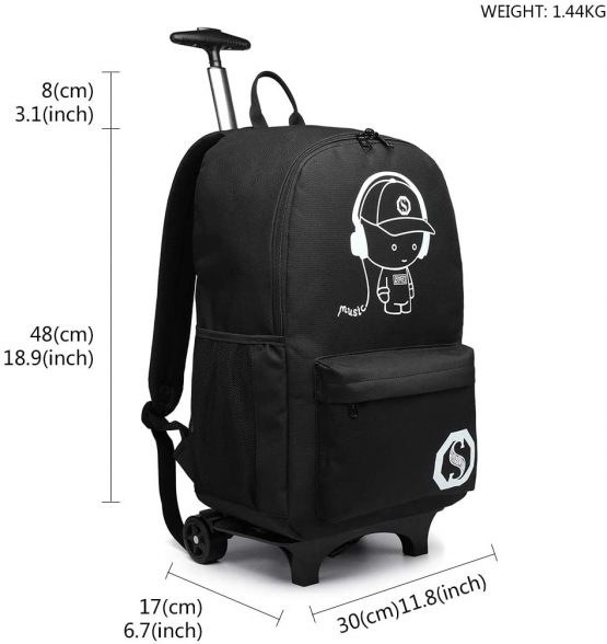 Kono Functional Laptop Rucksack with Rolling Wheels Lightweight and Waterproof Luminous Music Boy Detachable Trolley Backpack Cabin Luggage Bag (Black) - Image 3