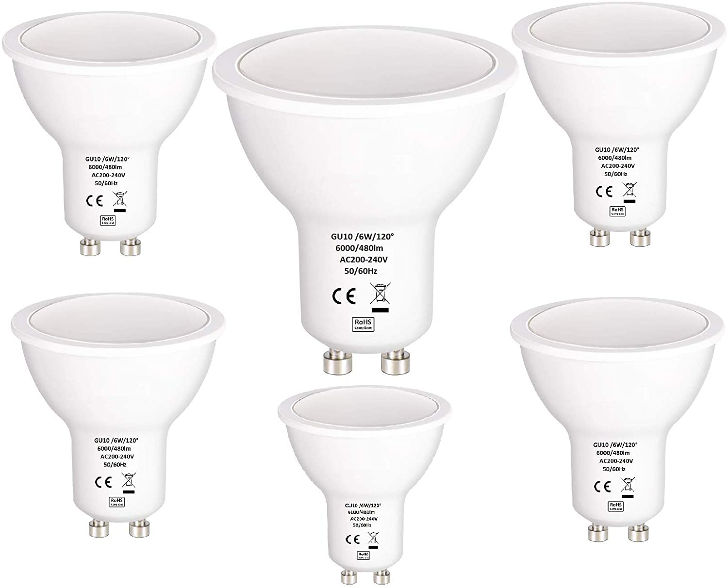 Tech Traders GU10 6W LED Bulb, 6000K Cool White,60W Halogen Bulb Equivalent, 480LM, LED Spot Bulb, 120 Degree Beam Angle