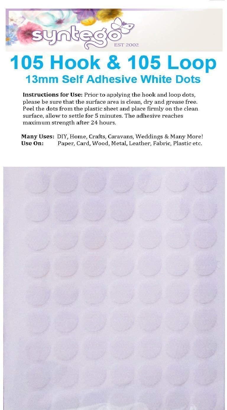 Syntego 210 x 13mm Hook and Loop Self Adhesive Dots 105 Hook & 105 Loop Fasteners (White, 1)