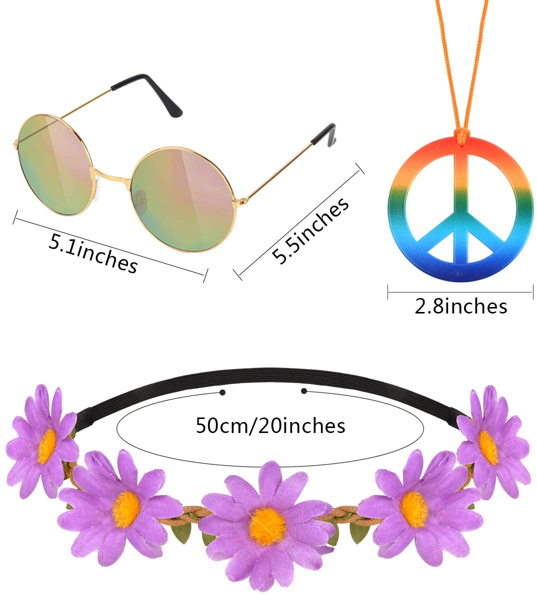 Hotgod 18Pcs Hippie Costume Accessory Set for 60s 70s Dressing Accessory Hippie Party Supplies(Peace Sign Necklaces Daisy + Daisy Sunflower Headbands+Retro Round Sunglasses) - Image 2