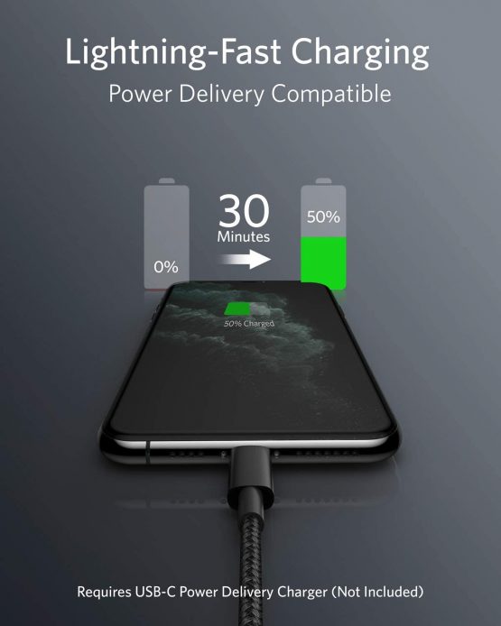 USB C to Lightning Cable, Anker New Nylon USB-C to Lightning Charging Cord for [Apple MFi Certified] for iPhone 11 Pro/X/XS/XR / 8 Plus/AirPods Pro, Supports Power Delivery (3.3ft, Black) - Image 2