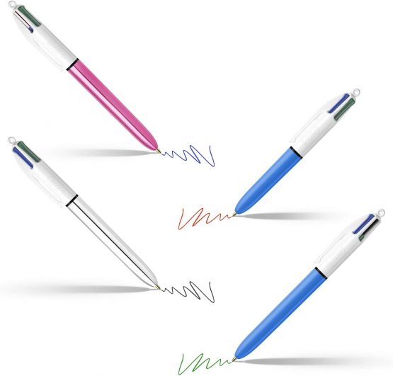 BIC 4 Colours Ballpoint Pens and Case - Set of 6 Pens and Decorative Pen Pot - Variety of Fun Designs, Original Size Pens and 1 Mini - Image 4