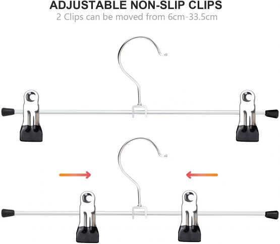 Trouser Hangers, 20 Pack Skirt Hangers with Adjustment Metal Grip Pant Hangers for Heavy Duty Durable Space Saving, Silver - Image 2