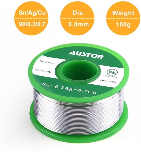 Austor 0.8mm Lead Free Solder Wire with Rosin Core, Sn 99% Ag 0.3% Cu 0.7%, 100g - Image 2