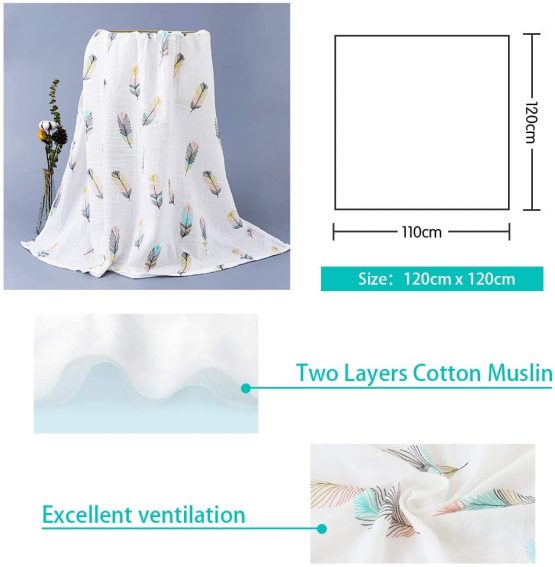 Baby Muslin Washcloths ALBOYI 120cmX120cm Organic Cotton Cartoon Newborn Towel Muslin Squares Babies Soft Washcloth Swaddle Blanket Shower Wipe(Colour Feather Print) - Image 2