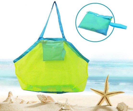 BornFeel Large Mesh Beach Bag for Toys Sand Away Tote with Zipper for Child Swim Pool Travel Sandy Shoes Wet Towels 18 x 12 x 18inch Green Mesh Blue Straps