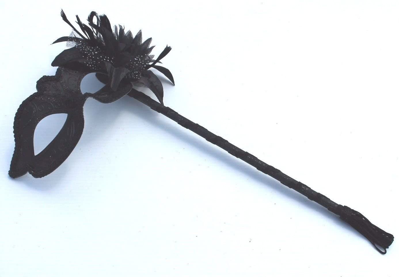 VENETIAN MASQUERADE PARTY EYE MASK WITH FLOWER ON A STICK MIDNIGHT BLACK, 8cm Exc Stick - Image 2