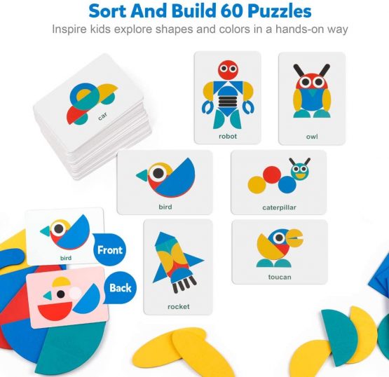 Coogam Wooden Pattern Blocks - Tangram Shape Puzzle Set Color Sorting Stacking Game Wood Animal Jigsaw Preschool Montessori Brain Teaser STEM Gift for 3 4 5 Years Old Toddler Kid ( 60 Pattern Cards ) - Image 2
