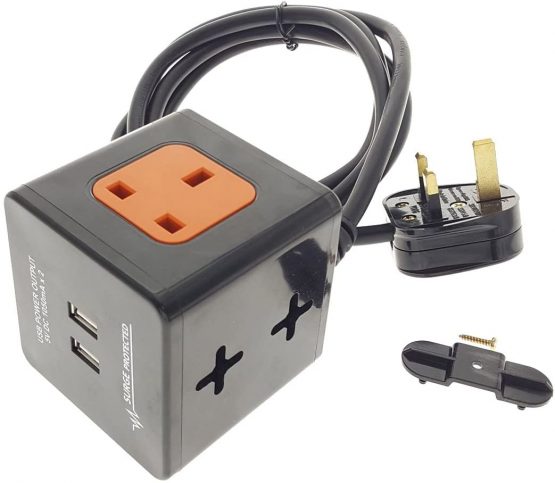 BLACK 2M EXTENSION LEAD CUBE WITH USB SURGE PROTECTED & WALL/TABLE MOUNTABLE