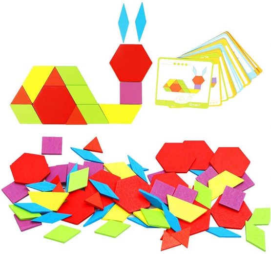 Afunti 155Pcs Wooden Pattern Blocks Set Geometric Shape Puzzles DIY Graphical Classic Educational Montessori Tangram Toys with 24Pcs Design Cards for Kids Toddler - Image 2