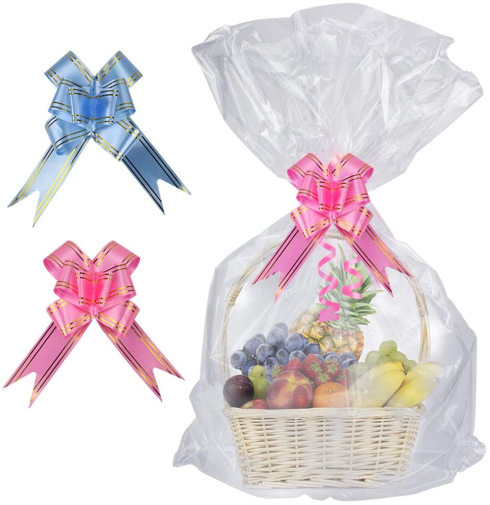 SelfTek 20pcs Large Cellophane Bags with Pull Bows Cellophane Wrap Bags for Hampers with Bows Set for Baskets Making Easter Gifts Presents Packaging