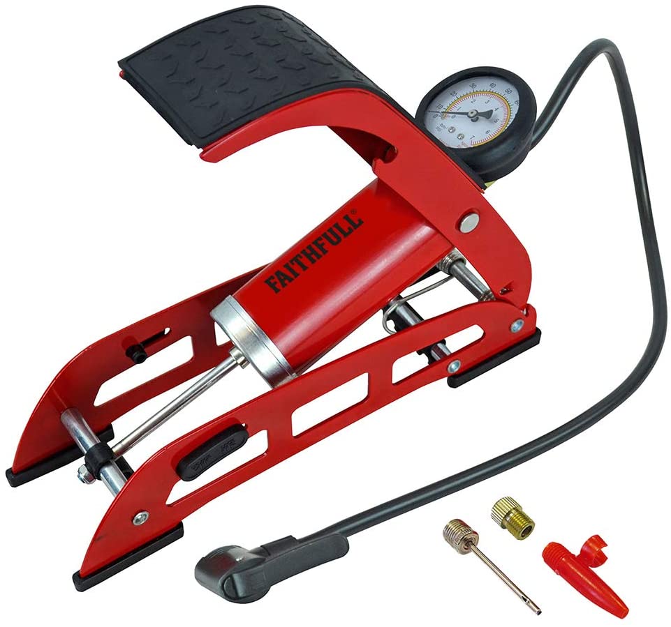 Faithfull FAIAUFPUMP1 Foot Pump Single Cylinder with Gauge, includes additional adaptors, Black