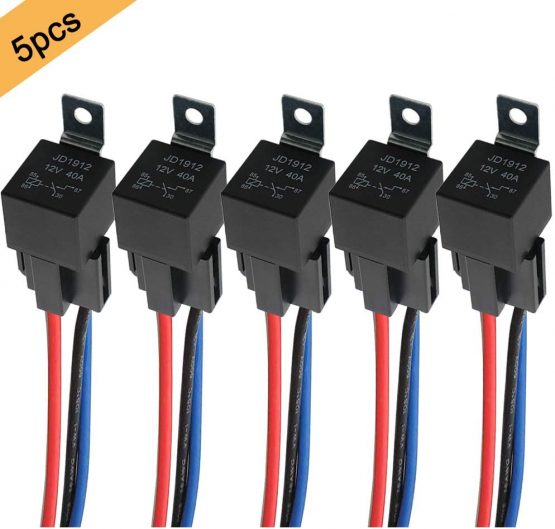 QitinDasen 5Pcs Professional 4 Pin Car Relay, 12V 40A SPST Auto Relay with Socket and Color-Labeled Wires Harness, for Car Truck Moto Boat (Black)