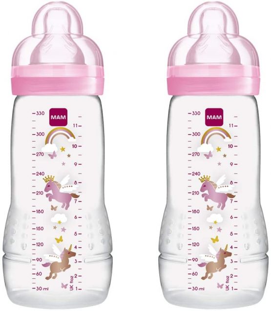 MAM Easy Active Baby Bottle with MAM Fast Flow Teats, Twin Pack of Baby Bottles, Baby Feeding, 330 ml, Colour: Assorted (Designs May Vary)
