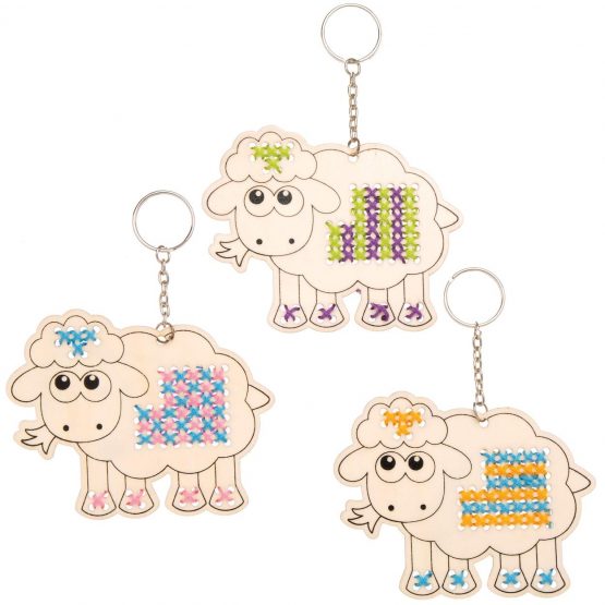 Baker Ross AT468 Fluffy Sheep Wooden Cross Stitch Keyring Kits - Pack of 5, Introduction to Sewing, Wooden Templates with Bright Coloured Wool for Craft Key Chains - Image 4