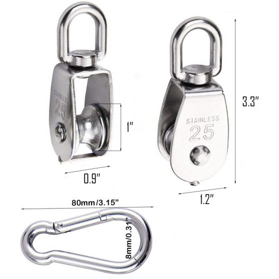 TooTaci Crane Pulley Block M25 Lifting Crane Swivel Hook single Hanging Wire Towing Wheel 304 Stainless Steel - 20 meter Nylon Pulley Line rope & Carabiner Snap Hook Clips - Loading 150 kg/300LB - Image 4