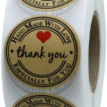 Hybsk 1.5" Inch Round Kraft Thank You Hand Made with Love with Red Heart Stickers 500 Handmade Labels Per Roll (Kraft, 38mm)