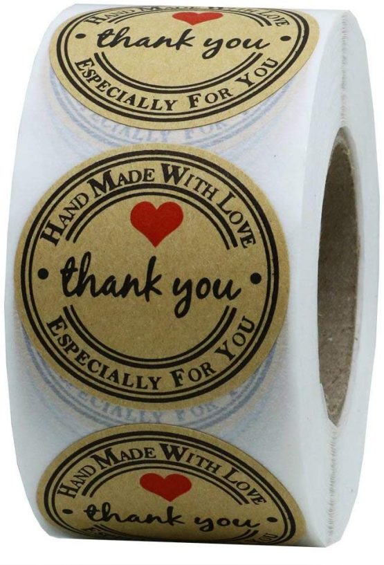 Hybsk 1.5" Inch Round Kraft Thank You Hand Made with Love with Red Heart Stickers 500 Handmade Labels Per Roll (Kraft, 38mm)