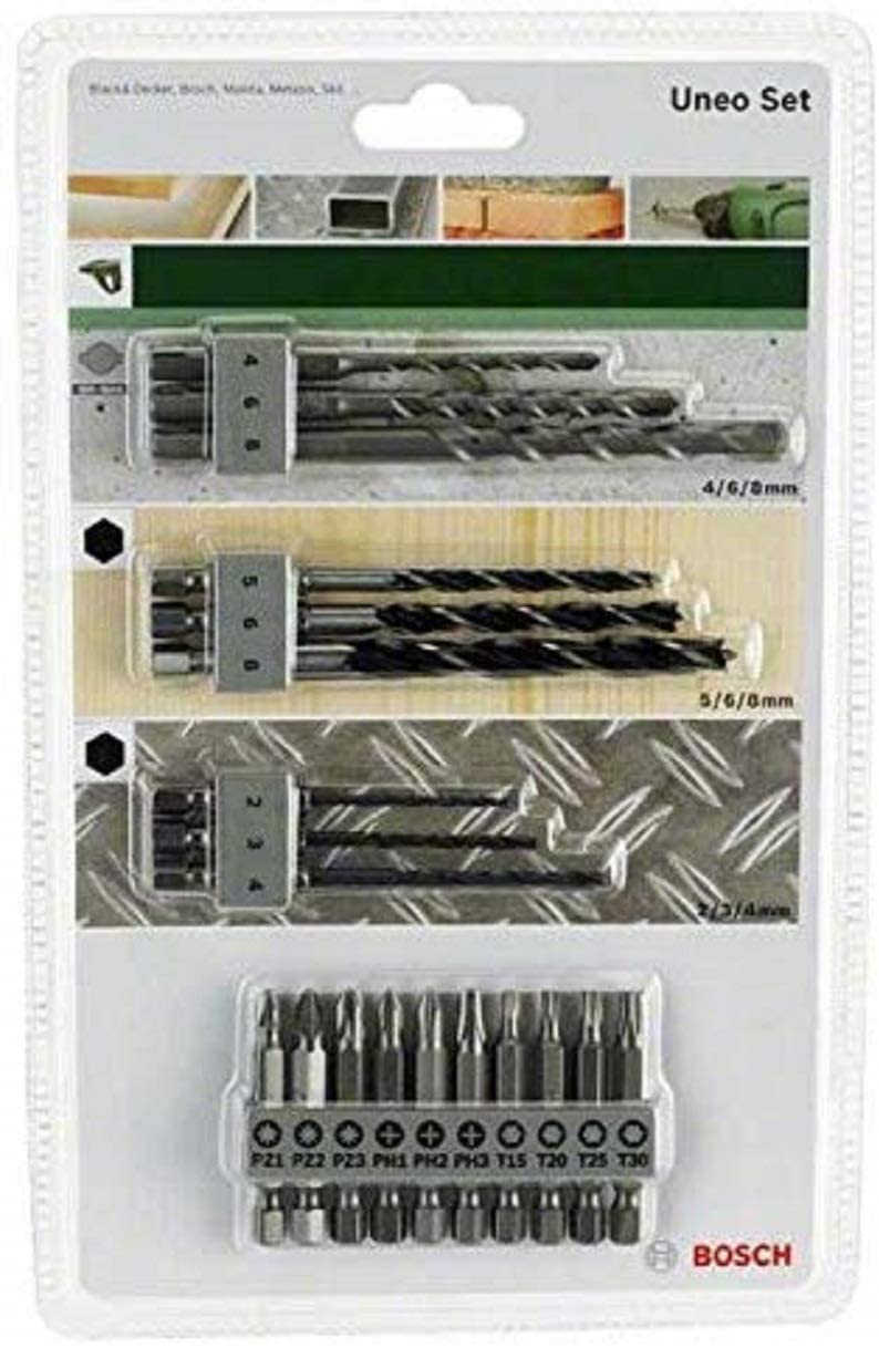 Bosch 19-Piece Uneo Mixed Set (for Wood Metal and Stone, Accessories for Rotary Hammers), Silver/Grey, 2.0 cm*26.0 cm*16.5 cm