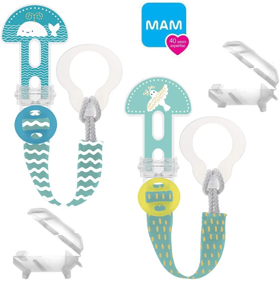 Mam Clip it! Fashion & Cover Dummy Chain with Teat Protector / Set of 2, Plain / Adjustable Length, Washable
