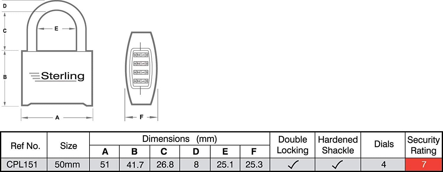 Sterling CPL151 50mm Brass Combination Padlock with 4-Dial and Double Locking - Image 4