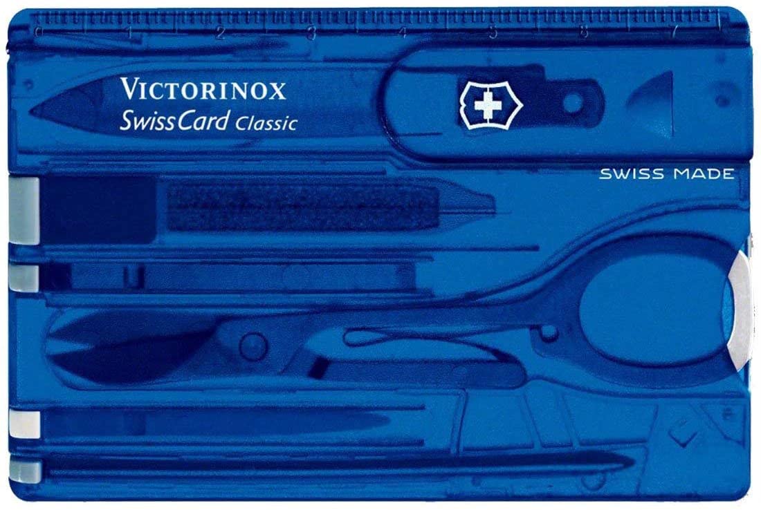 Victorinox Swiss Card, Swiss Made Pocket Tool, Credit Card Size, 10 Functions, Pen, Scissors, Blue Transparent